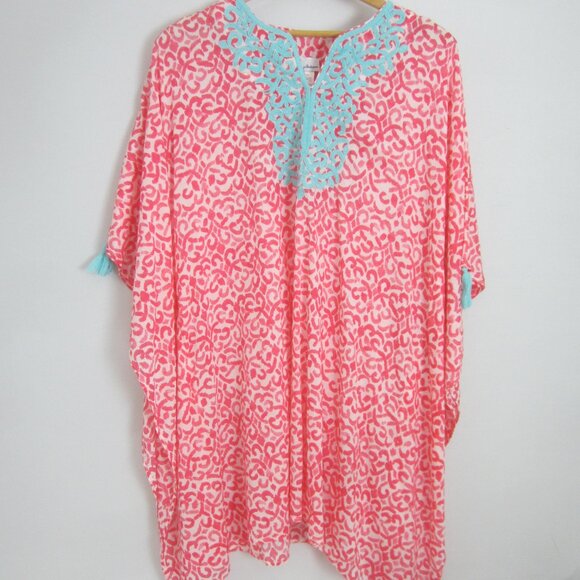 Tommy Bahama Womens One Size Pink White Aqua Blue Cotton Cover Up Tassles O/S - Picture 1 of 9